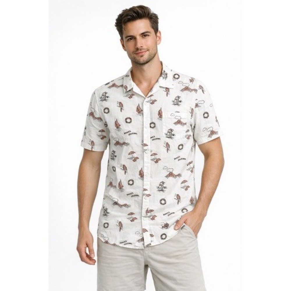 Banks Journal Mens‎ White Short Sleeve Button Down Shirt Tropical Print Size M